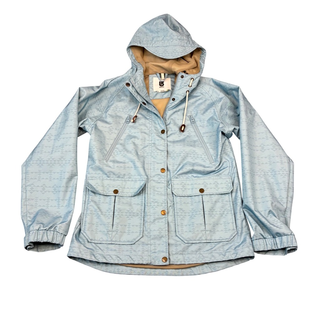 Burton Dryride Jacket Women L Blue Geometric Hooded Mesh Lined Utility Shell